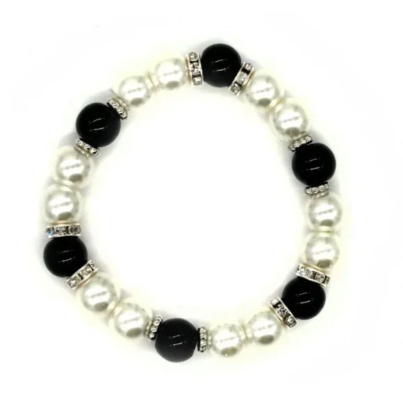 Pearl Bracelet with Black beads & Rhinestones. OS. - Picture 2 of 2